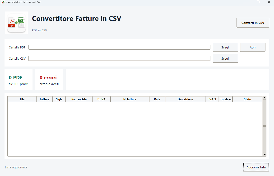 Schermata del convertitore Fatture in CSV, con elenco PDF, errori e risultati della conversione.