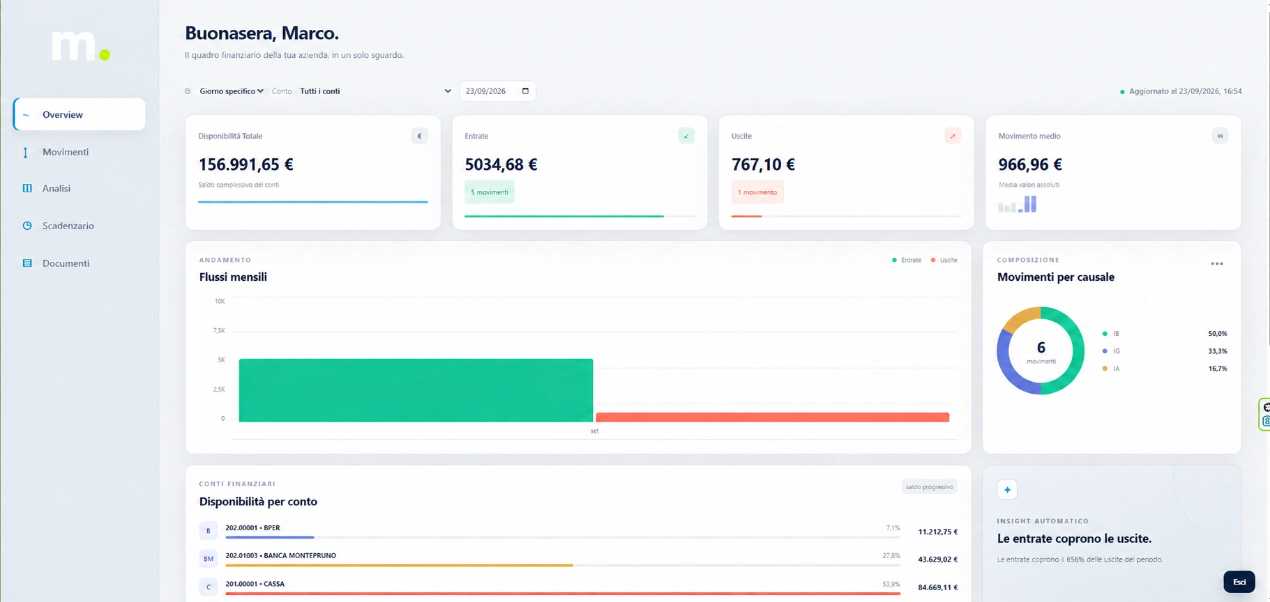Dashboard finanziaria con grafici e riepiloghi di entrate, uscite e saldi.